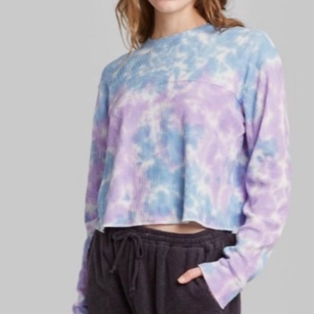 Boxy Tye-Dye Long Sleeve Waffle Knit Top